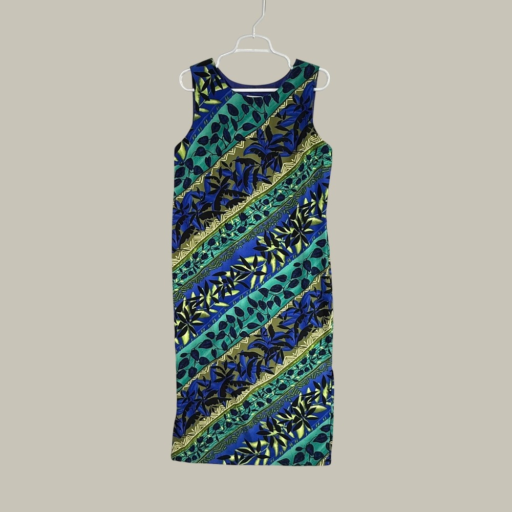 Koret Dress Blue Green Tropical Floral Stripe Sleeveless Midi Sheath Size 10